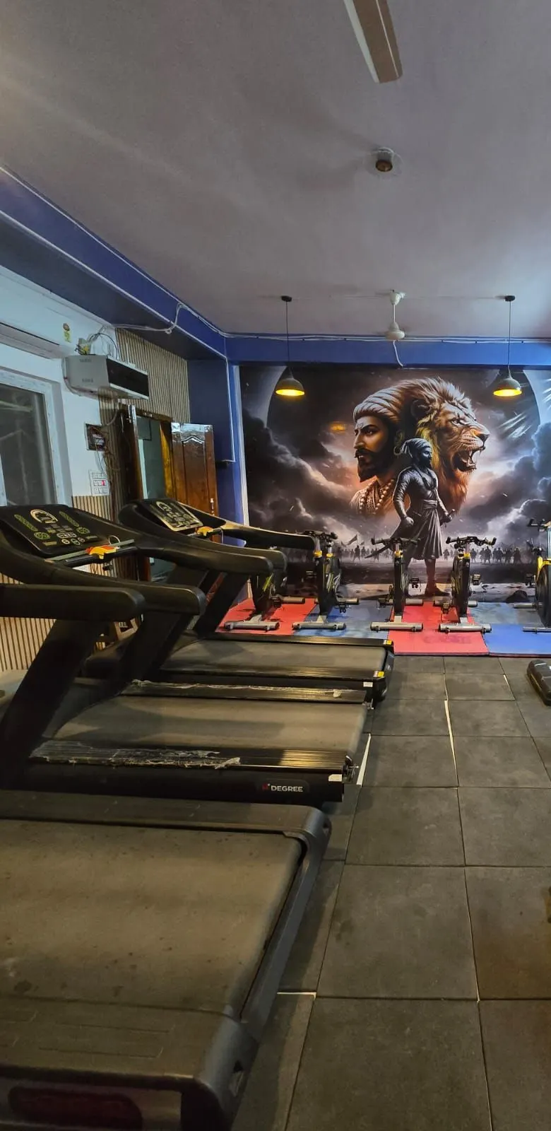 Row of spin bikes set up for group cycling