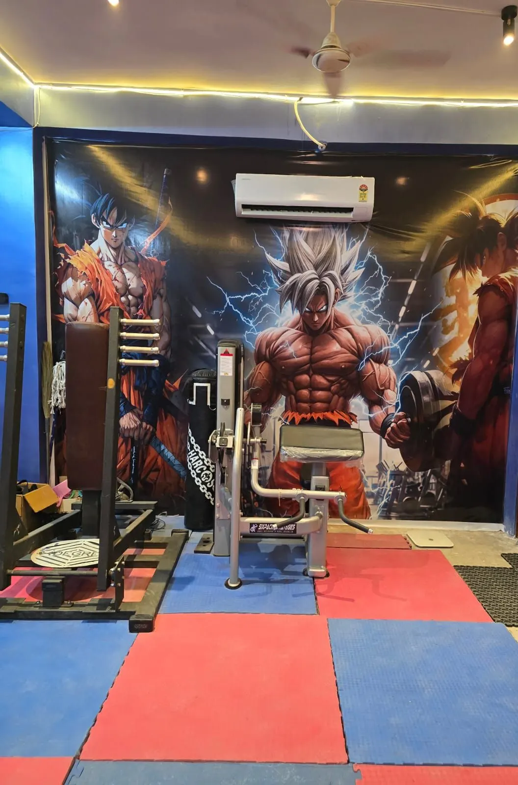 Weight training area with a cable functional trainer and punching bag against a wall mural
